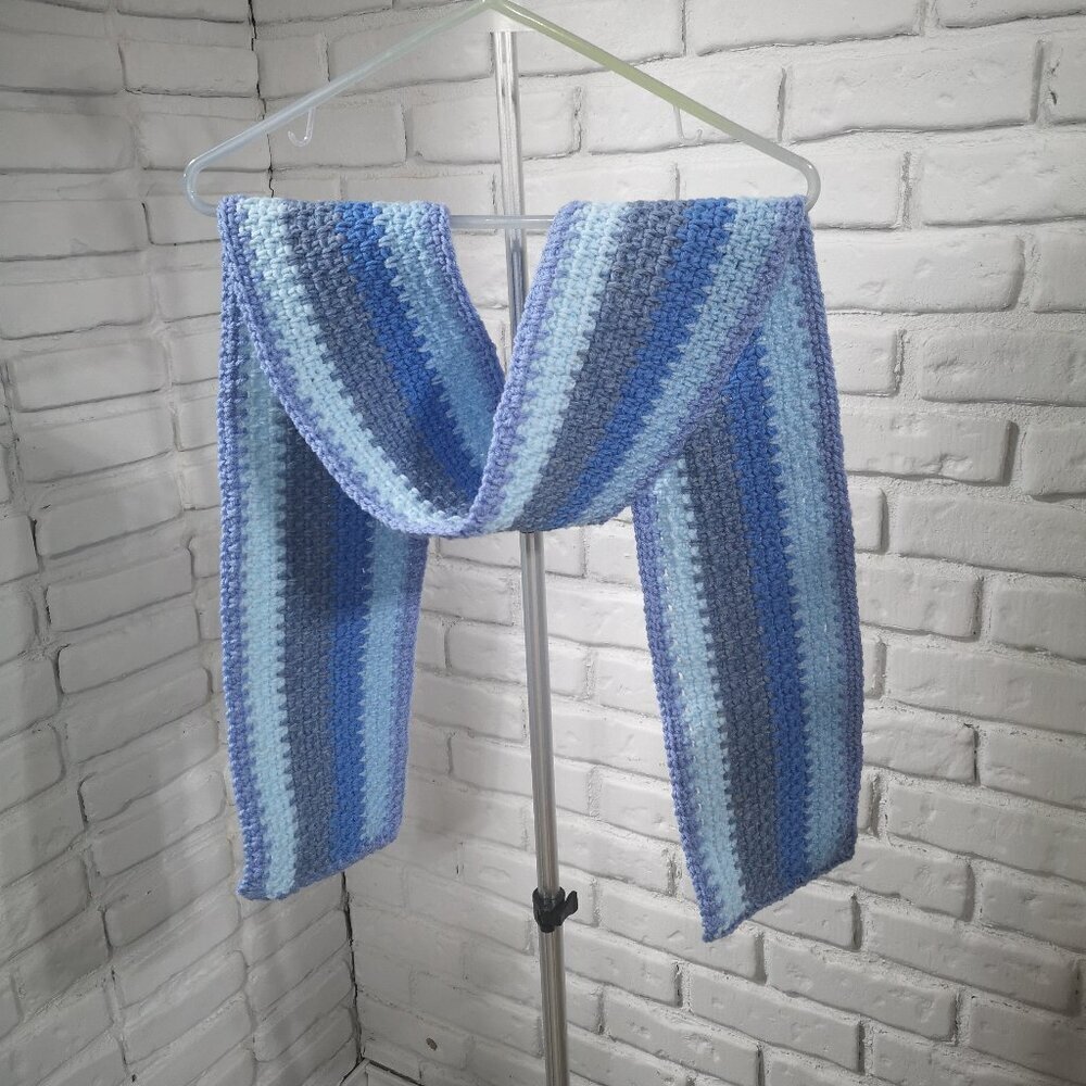 Unisex Handmade Crochet Lt Blue, Medium Blue, Blue/Grey, & Lt Purple Scarf